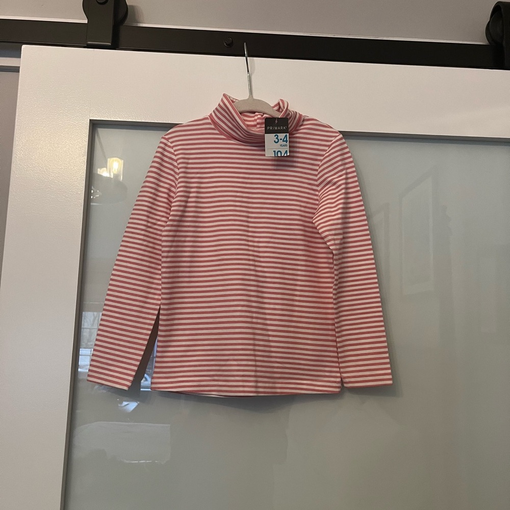 Primark Pink & White Turtleneck Long Sleeve T-Shirt, Size 3/4
